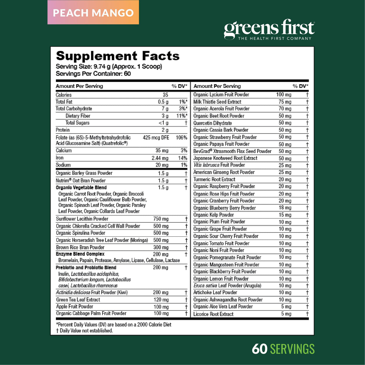 Greens First Original Greens Powder – Peach Mango | 60 Servings - Calm Era