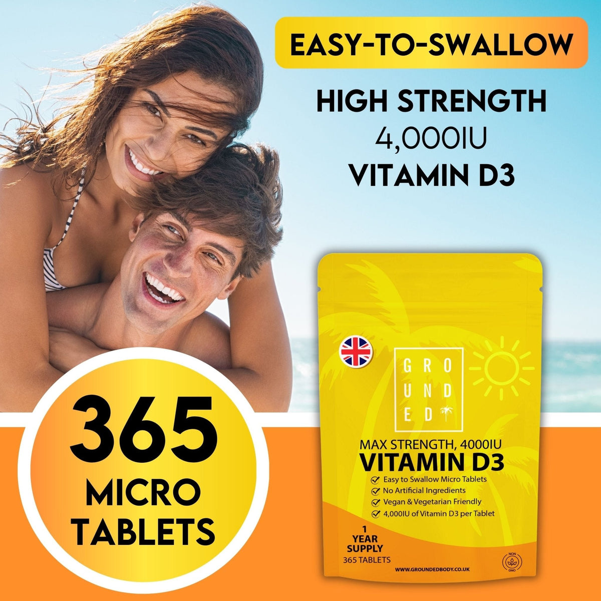 Grounded Vitamin D3 4000 IU – 365 Tablets, High-Strength Daily Supplement