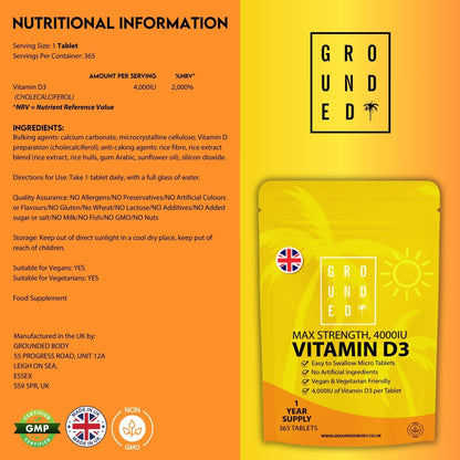 Grounded Vitamin D3 4000 IU – 365 Tablets, High-Strength Daily Supplement