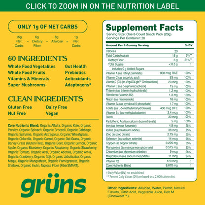 Grüns Gomitas Súper Verdes sin Azúcar para Adultos – Multivitamínico con más de 60 Ingredientes, 28 Sobres Diarios