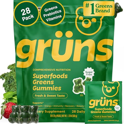 Grüns Gomitas Súper Verdes sin Azúcar para Adultos – Multivitamínico con más de 60 Ingredientes, 28 Sobres Diarios