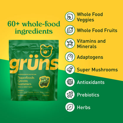 Grüns Adultos Super Greens Gomitas Multivitamínicas | Más de 60 nutrientes y 6 g de fibra | 28 paquetes diarios