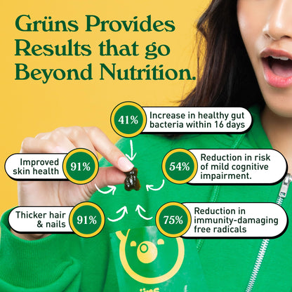 Grüns Adultos Super Greens Gomitas Multivitamínicas | Más de 60 nutrientes y 6 g de fibra | 28 paquetes diarios