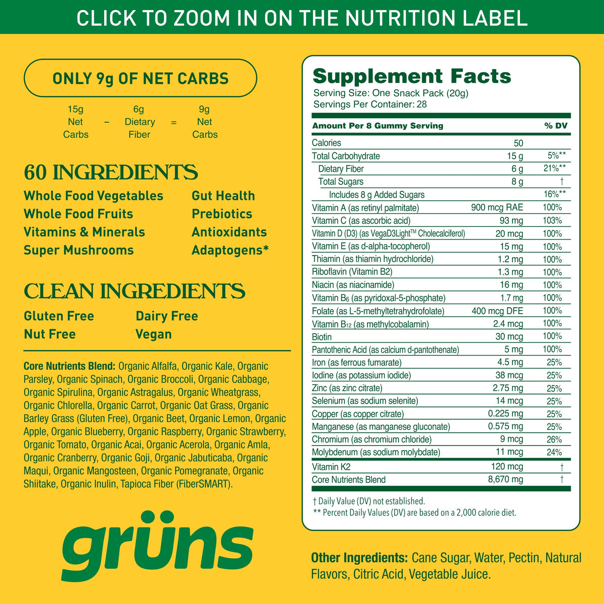 Grüns Adultos Super Greens Gomitas Multivitamínicas | Más de 60 nutrientes y 6 g de fibra | 28 paquetes diarios