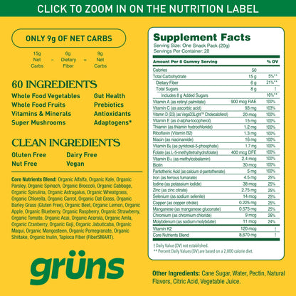 Grüns Adultos Super Greens Gomitas Multivitamínicas | Más de 60 nutrientes y 6 g de fibra | 28 paquetes diarios