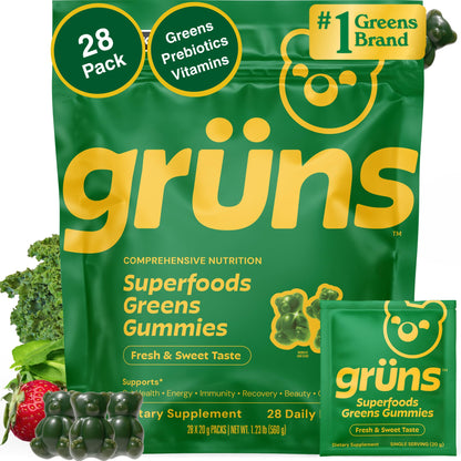 Grüns Adultos Super Greens Gomitas Multivitamínicas | Más de 60 nutrientes y 6 g de fibra | 28 paquetes diarios