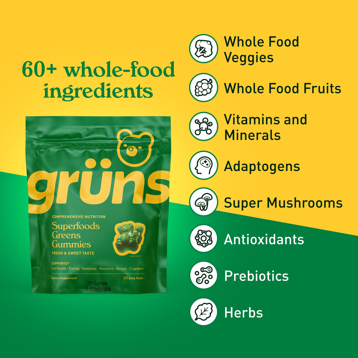 Grüns Adultos Super Greens Gomitas Multivitamínicas | Más de 60 nutrientes y 6 g de fibra | 28 paquetes diarios