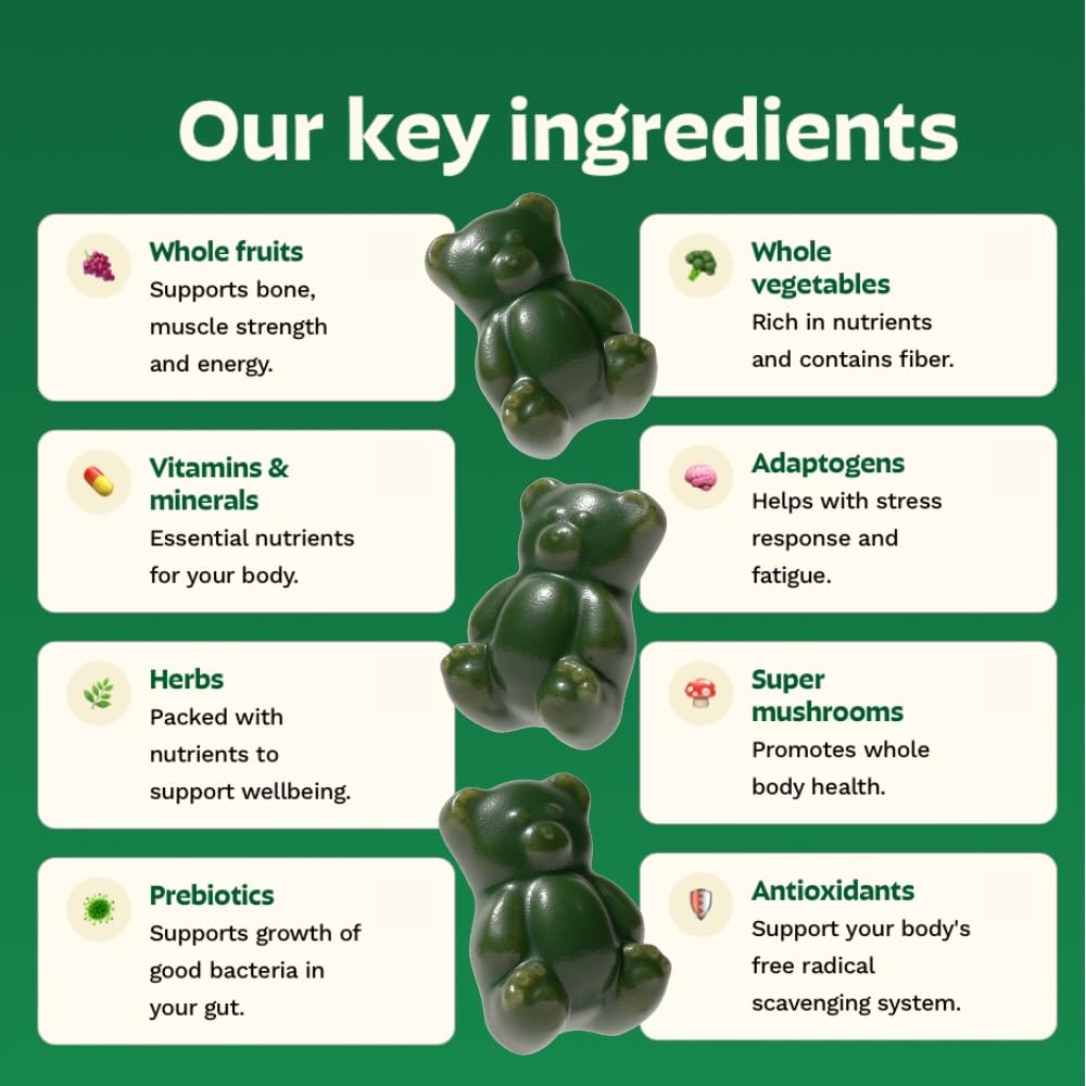 Grüns Adultos Super Greens Gomitas Multivitamínicas | Más de 60 nutrientes y 6 g de fibra | 28 paquetes diarios