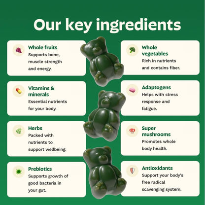 Grüns Adultos Super Greens Gomitas Multivitamínicas | Más de 60 nutrientes y 6 g de fibra | 28 paquetes diarios