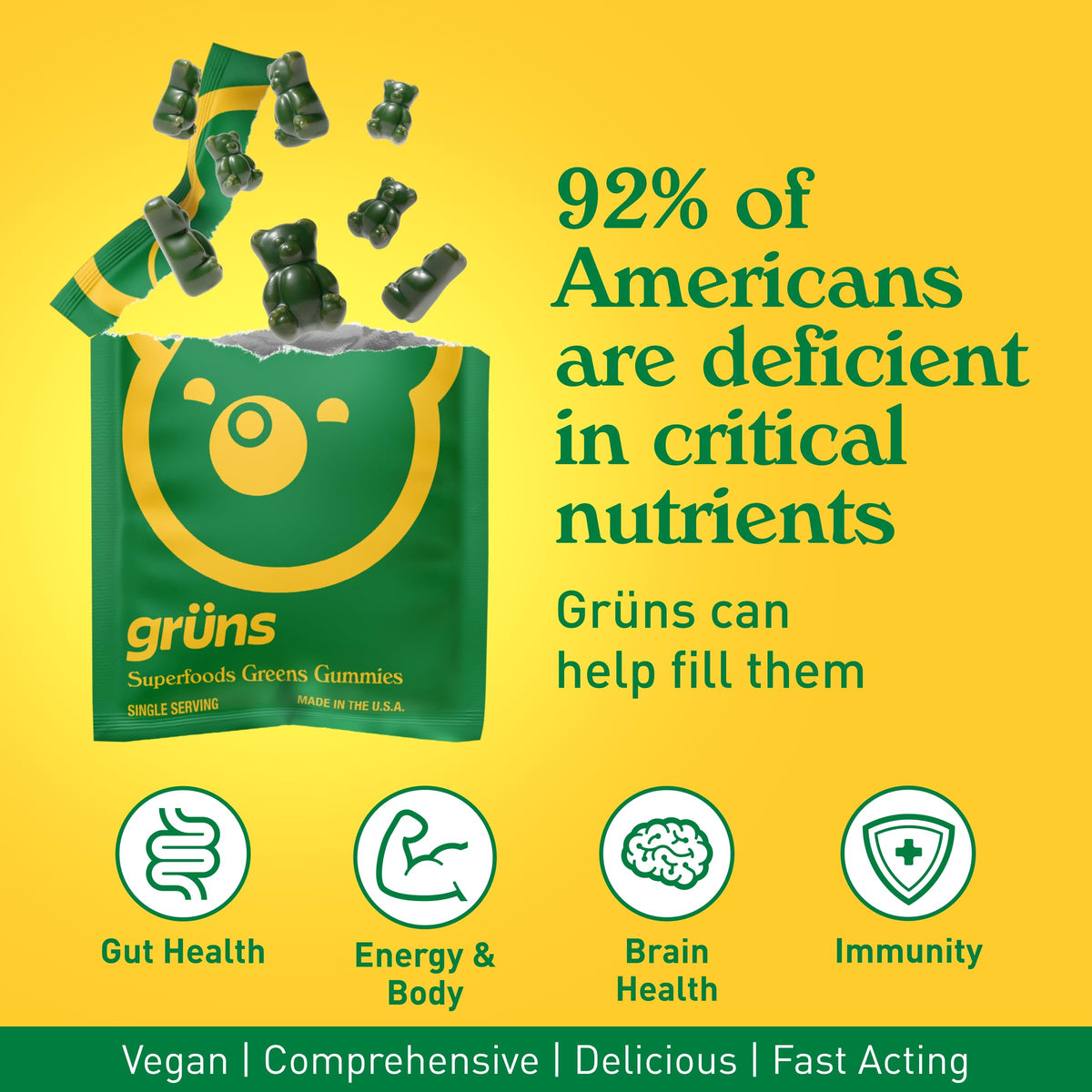 Grüns Gomitas Súper Verdes sin Azúcar para Adultos – Multivitamínico con más de 60 Ingredientes, 28 Sobres Diarios