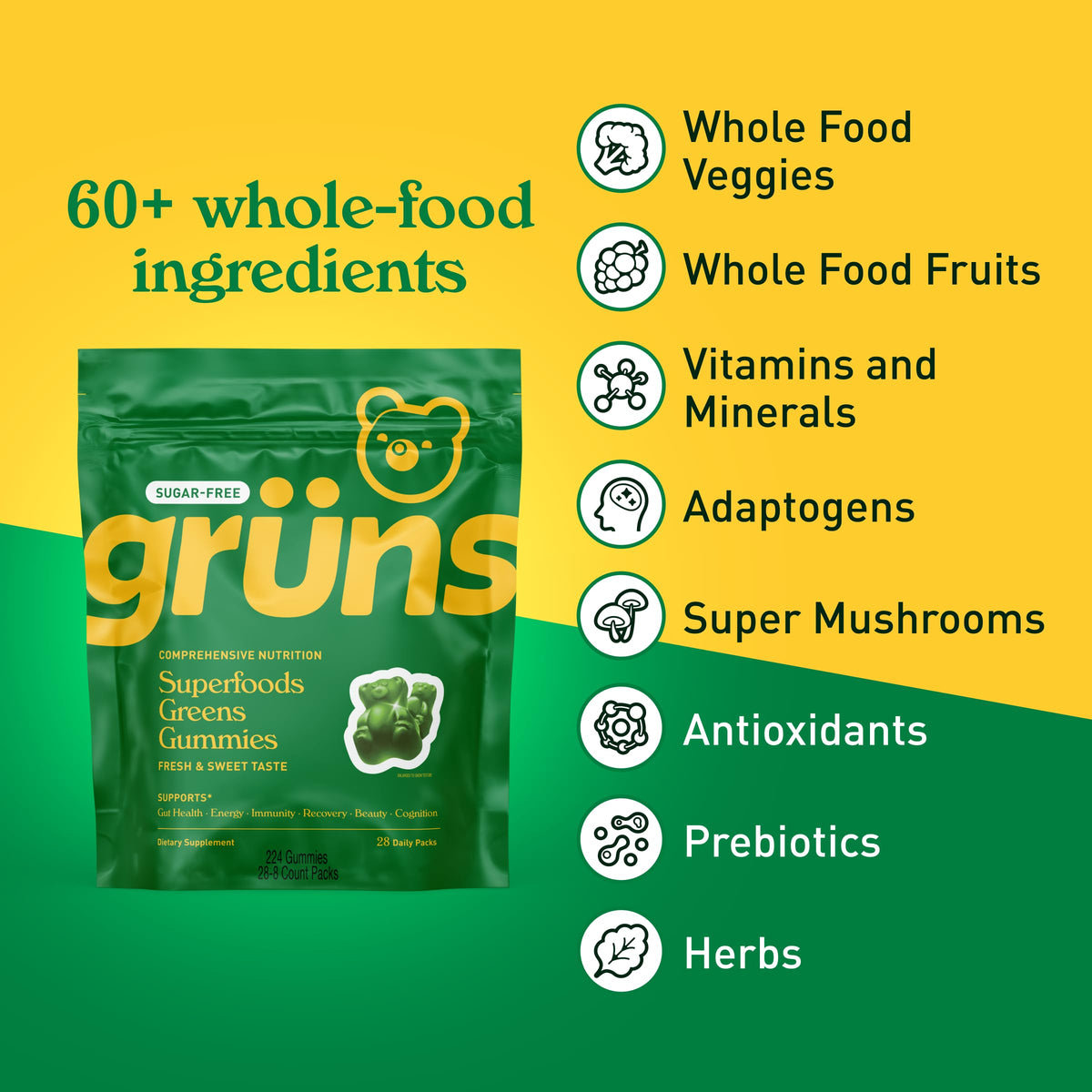 Grüns Gomitas Súper Verdes sin Azúcar para Adultos – Multivitamínico con más de 60 Ingredientes, 28 Sobres Diarios
