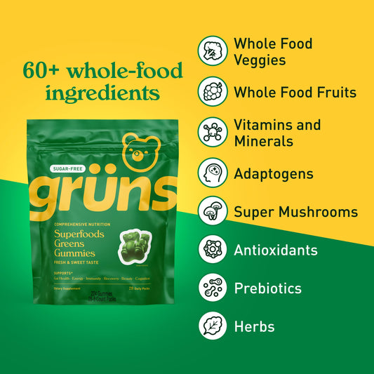 Grüns Gomitas Súper Verdes sin Azúcar para Adultos – Multivitamínico con más de 60 Ingredientes, 28 Sobres Diarios