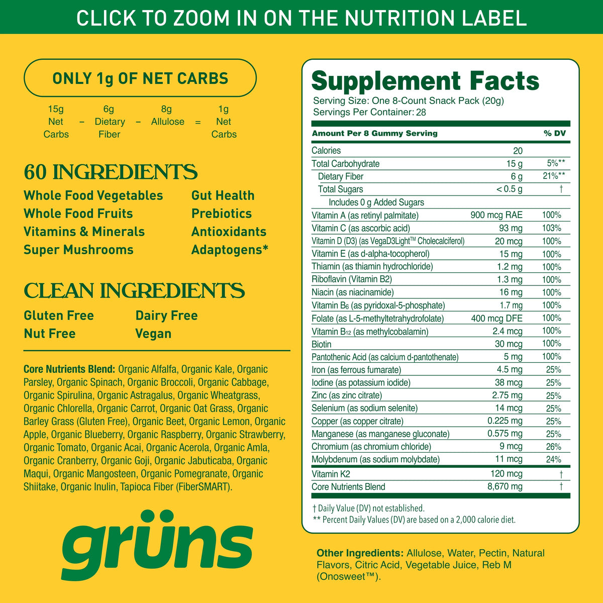 Grüns Gomitas Súper Verdes sin Azúcar para Adultos – Multivitamínico con más de 60 Ingredientes, 28 Sobres Diarios
