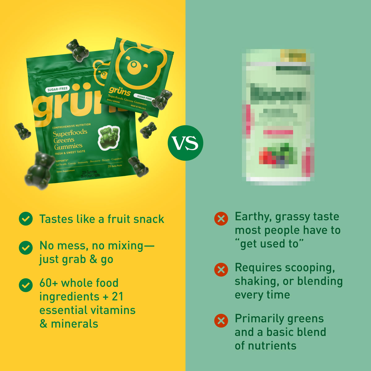 Grüns Gomitas Súper Verdes sin Azúcar para Adultos – Multivitamínico con más de 60 Ingredientes, 28 Sobres Diarios