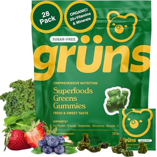 Grüns Gomitas Súper Verdes sin Azúcar para Adultos – Multivitamínico con más de 60 Ingredientes, 28 Sobres Diarios