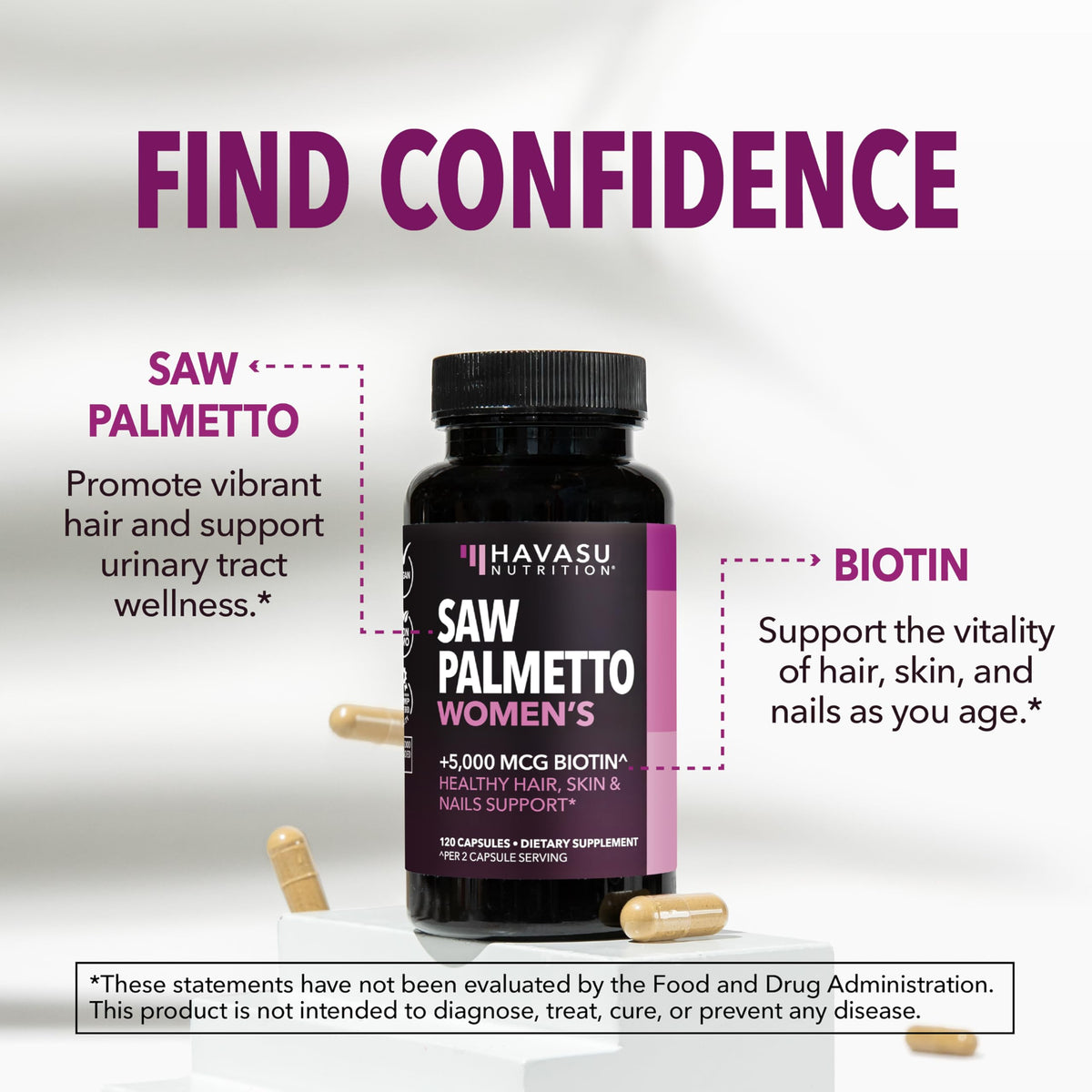 HAVASU Saw Palmetto 1500mg con Biotina 5000mcg | 120 Cápsulas | Cabello y Uñas