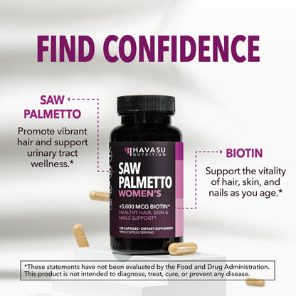 HAVASU Saw Palmetto 1500mg con Biotina 5000mcg | 120 Cápsulas | Cabello y Uñas