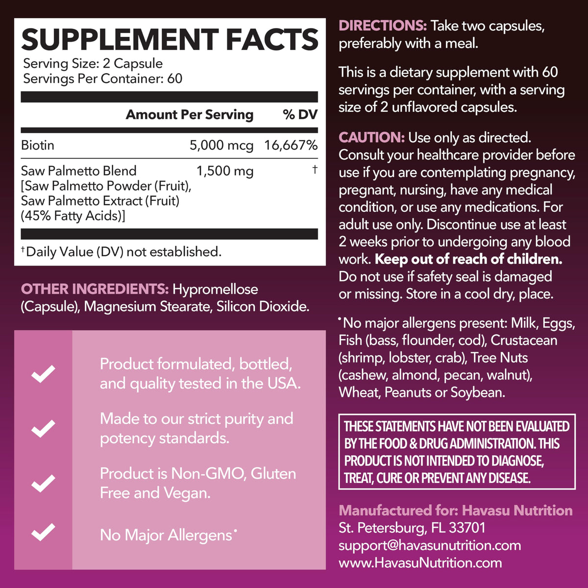HAVASU Saw Palmetto 1500mg con Biotina 5000mcg | 120 Cápsulas | Cabello y Uñas