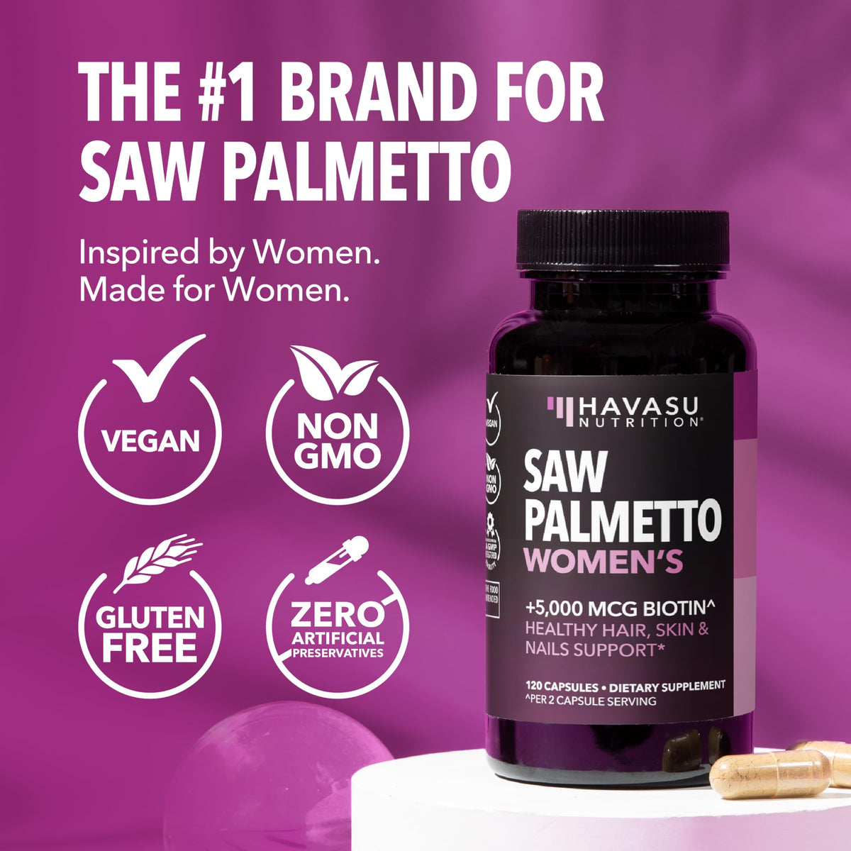 HAVASU Saw Palmetto 1500mg con Biotina 5000mcg | 120 Cápsulas | Cabello y Uñas