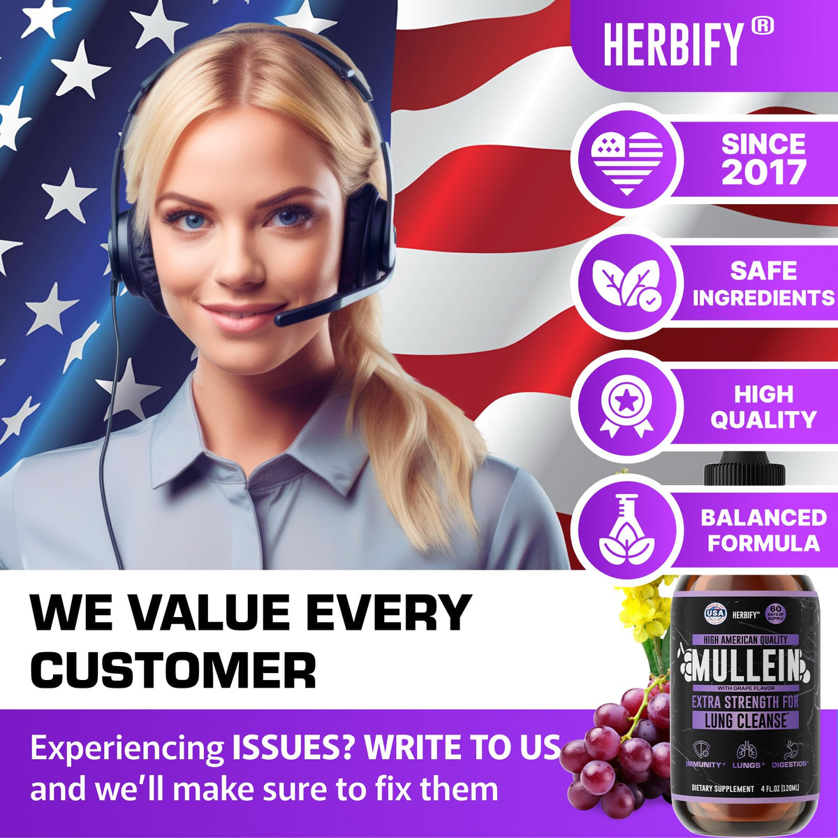 Herbify Mullein Drops Lung & Immune Support 4oz Grape - Calm Era