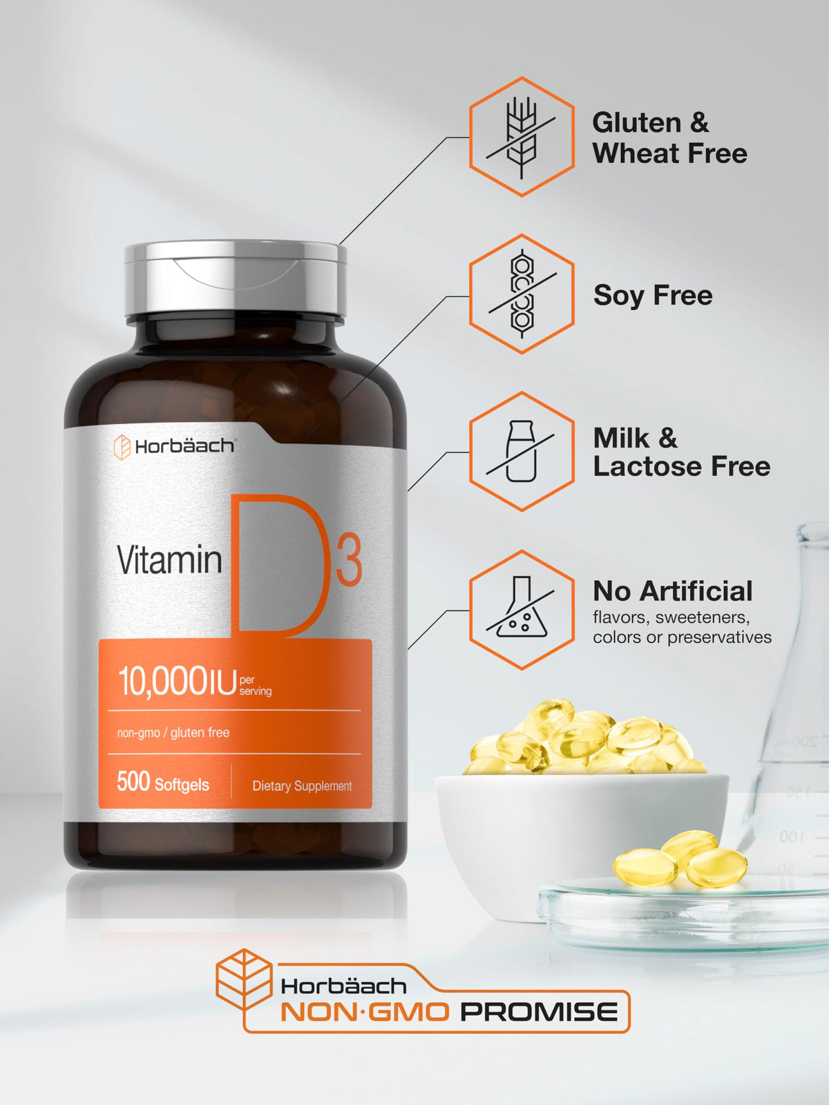 Horbaach Vitamina D3 10.000 UI — 500 Cápsulas Blandas