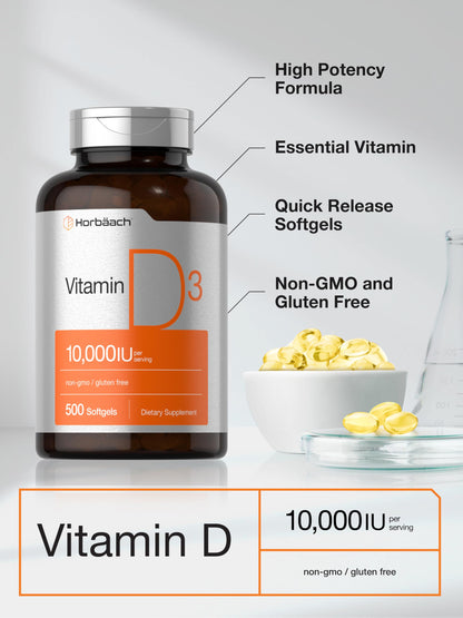 Horbaach Vitamina D3 10.000 UI — 500 Cápsulas Blandas