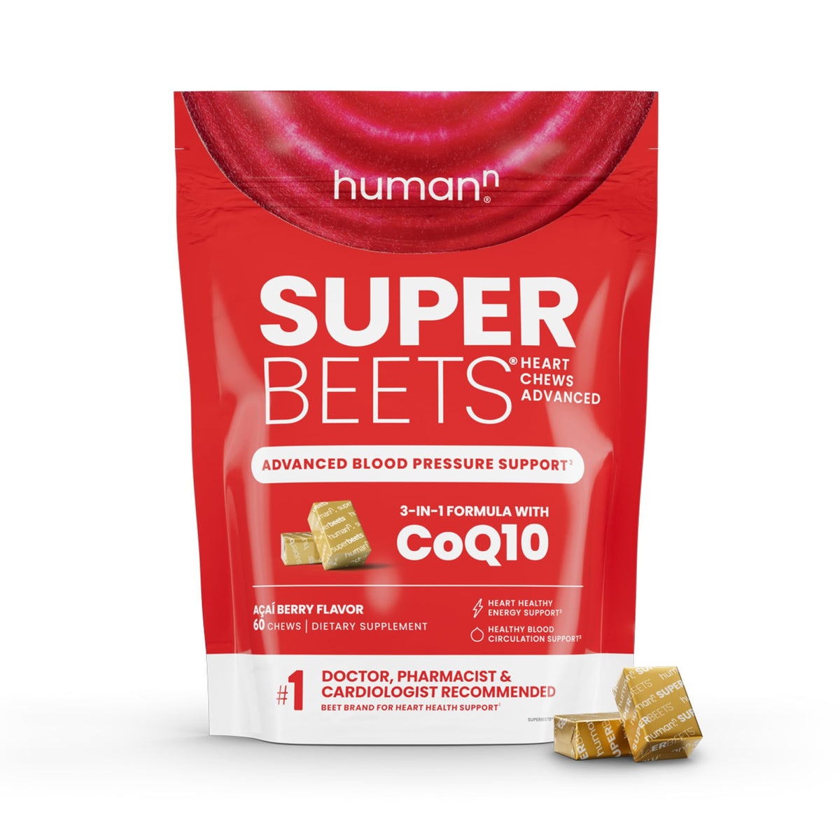 Humann SuperBeets Masticables para el corazón Advanced – 100 mg de CoQ10 + remolacha y semilla de uva, 60 unidades