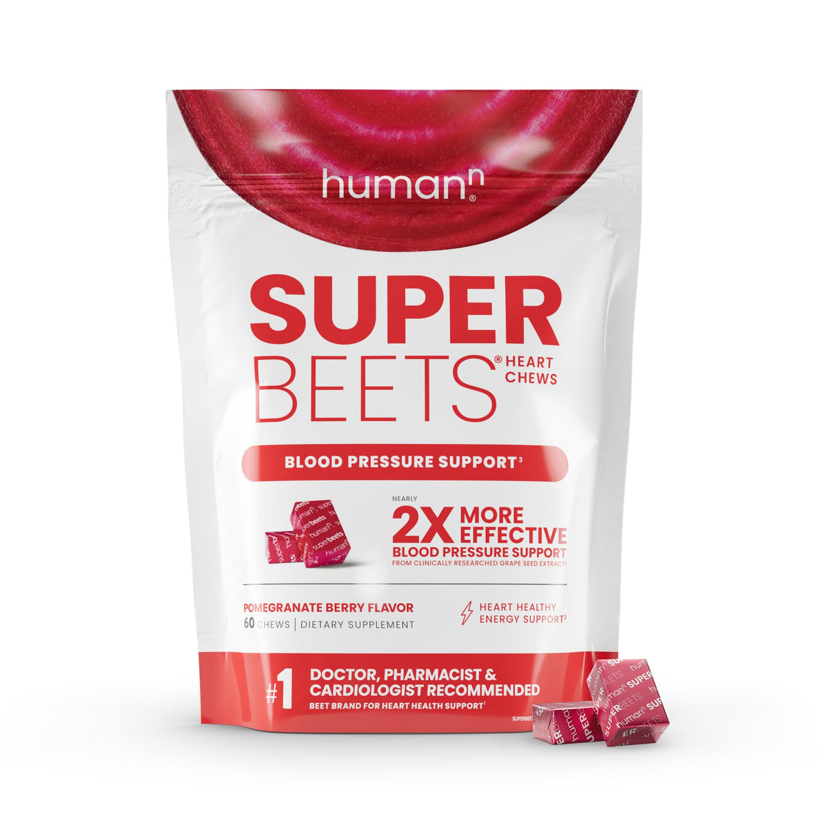 Humann SuperBeets Masticables para el Corazón – Óxido Nítrico y Apoyo para la Presión Arterial, Sabor Granada y Bayas, 60 Unidades