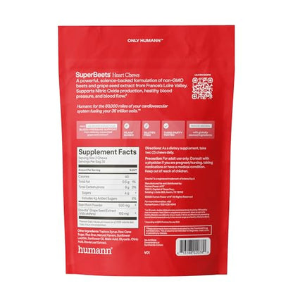 Humann SuperBeets Masticables para el Corazón – Óxido Nítrico y Apoyo para la Presión Arterial, Sabor Granada y Bayas, 60 Unidades
