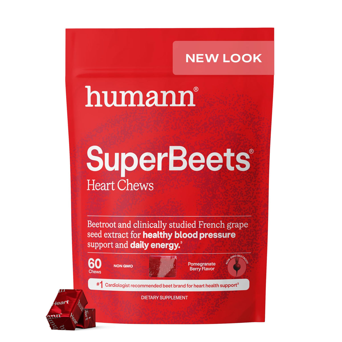 Humann SuperBeets Masticables para el Corazón – Óxido Nítrico y Apoyo para la Presión Arterial, Sabor Granada y Bayas, 60 Unidades