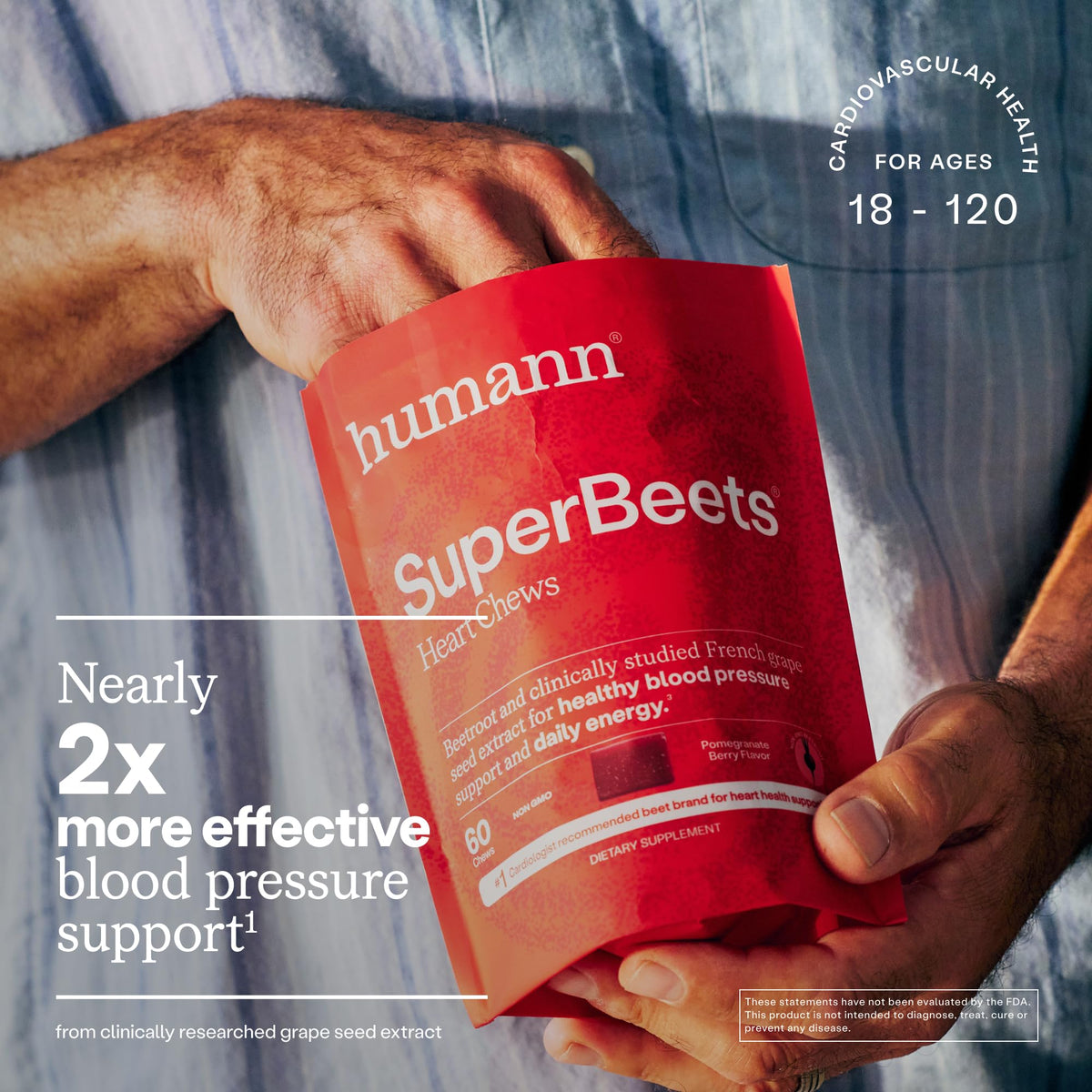 Humann SuperBeets Masticables para el Corazón – Óxido Nítrico y Apoyo para la Presión Arterial, Sabor Granada y Bayas, 60 Unidades