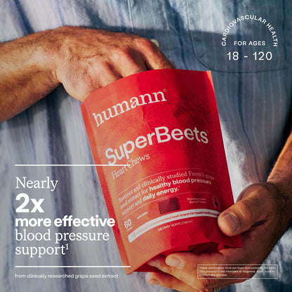 Humann SuperBeets Masticables para el Corazón – Óxido Nítrico y Apoyo para la Presión Arterial, Sabor Granada y Bayas, 60 Unidades
