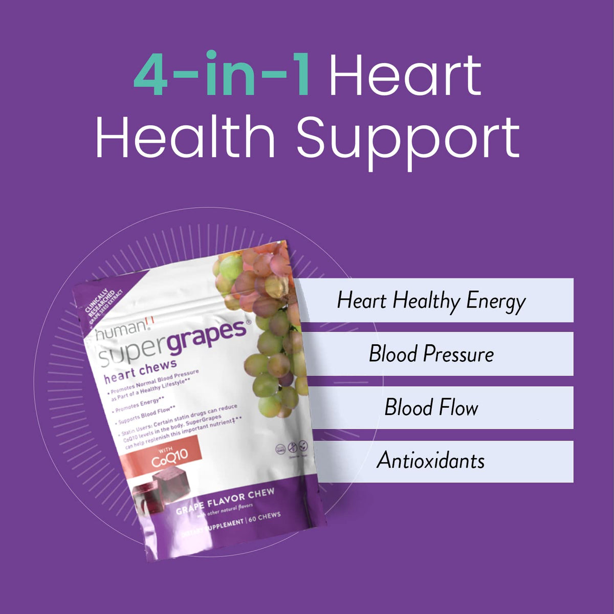 Humann SuperGrapes Chews – 100mg CoQ10 & Grape Seed Extract | From The Makers of SuperBeets, Grape Flavor, 60 Count - Calm Era