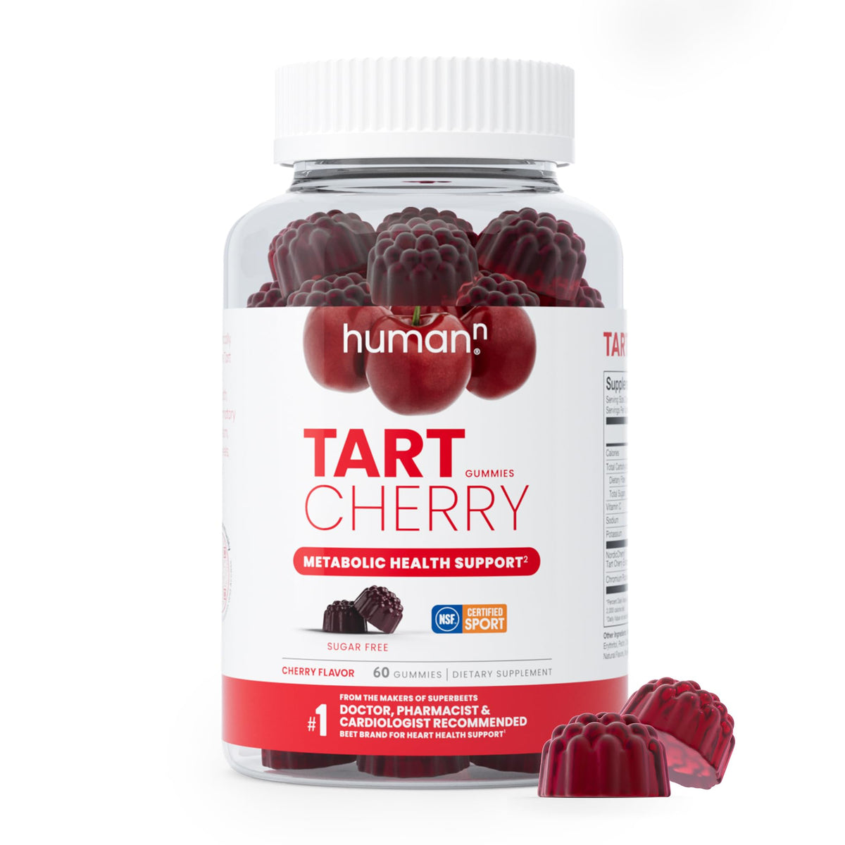 Bottle of humanN Tart Cherry gummies on a white background