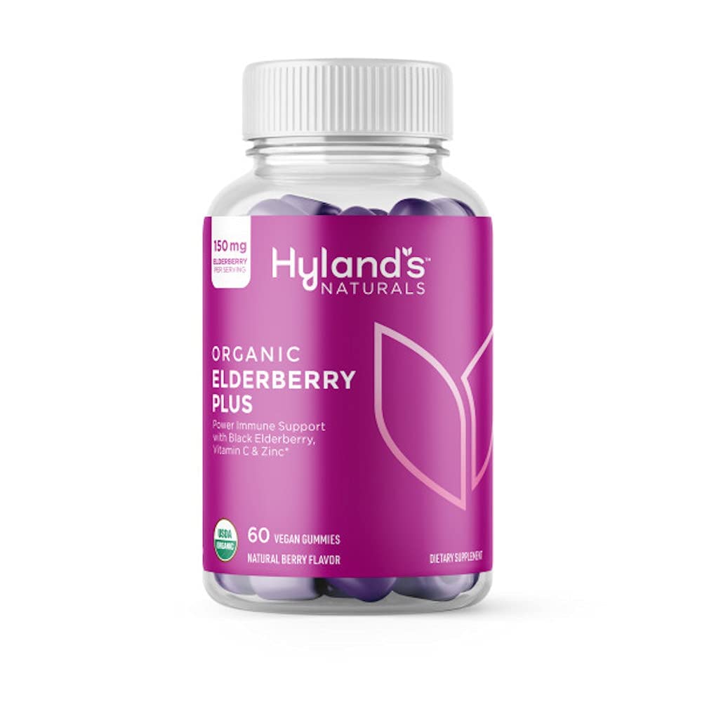 Hyland's Naturals Organic Elderberry Plus gummy bottle on a white background