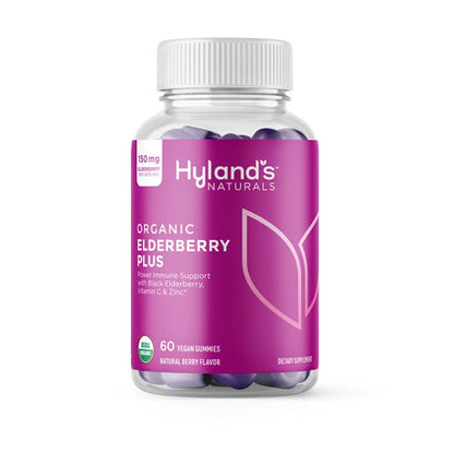 Hyland's Naturals Organic Elderberry Plus gummy bottle on a white background