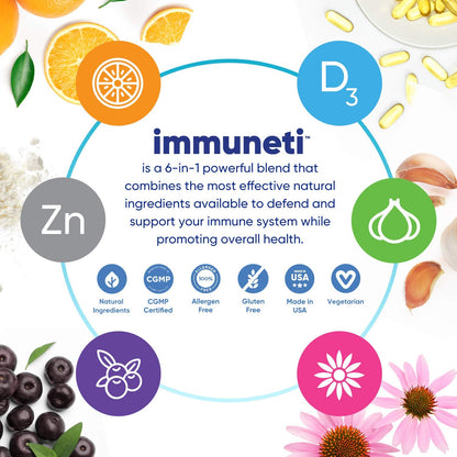Immuneti 6 en 1 Soporte Inmunológico — Vitamina C, D3, Zinc, Saúco