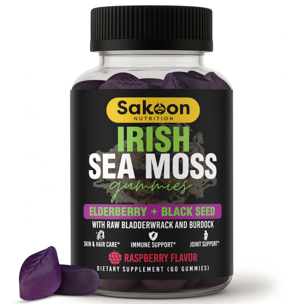 Bottle of Sakoon Nutrition Irish Sea Moss gummies with purple gummies on a white background