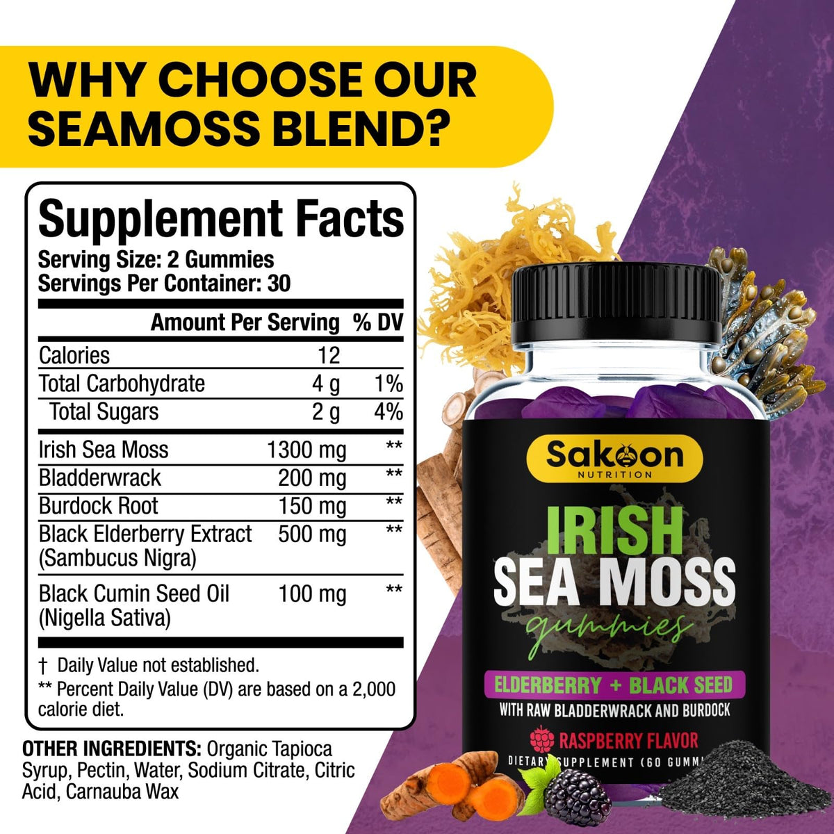 Irish Sea Moss Gummies with Elderberry & Black Seed Oil – Overall Wellness | Raspberry | 60 Gummies