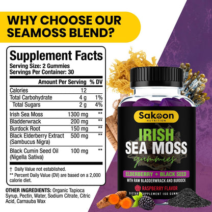 Irish Sea Moss Gummies with Elderberry & Black Seed Oil – Overall Wellness | Raspberry | 60 Gummies