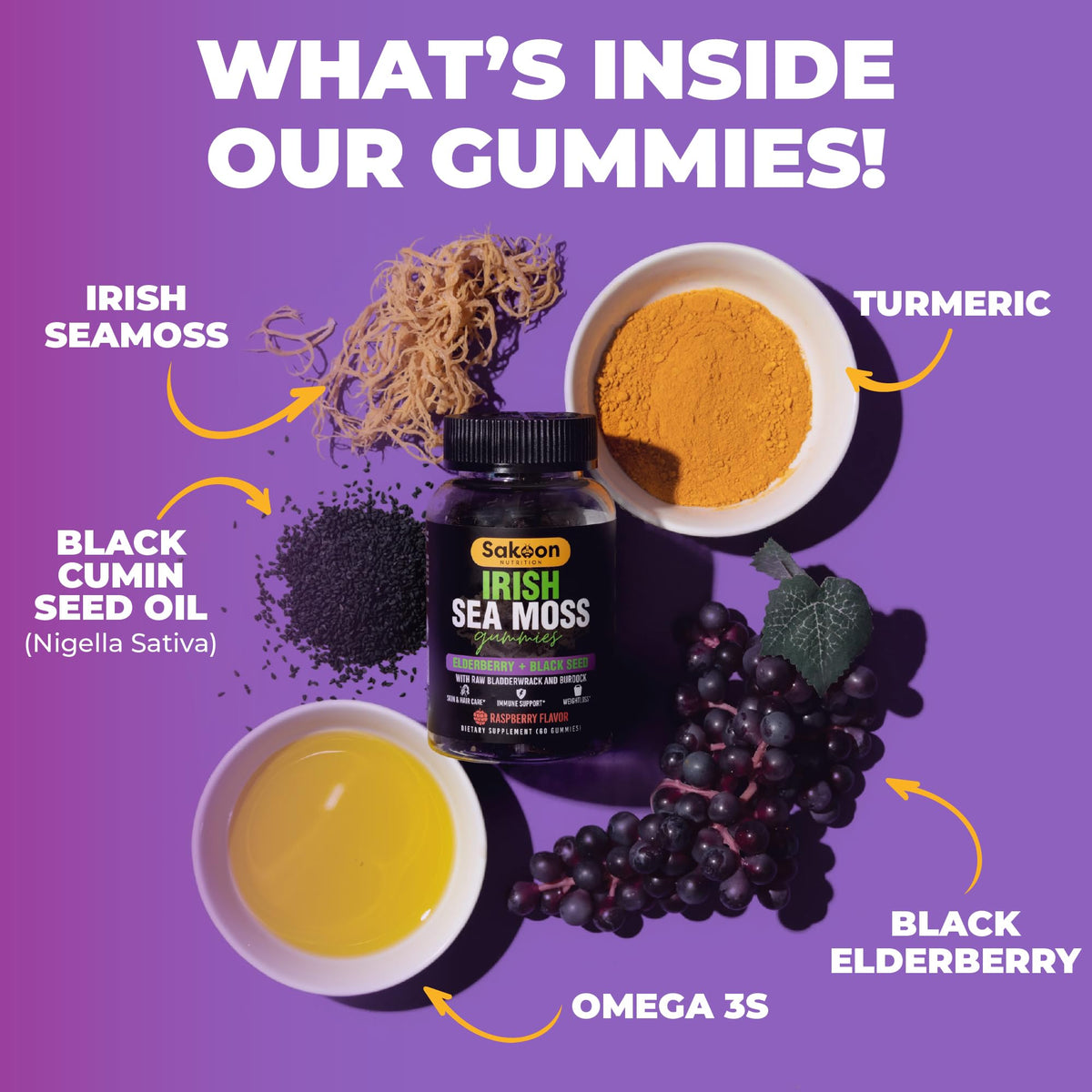 Irish Sea Moss Gummies with Elderberry & Black Seed Oil – Overall Wellness | Raspberry | 60 Gummies