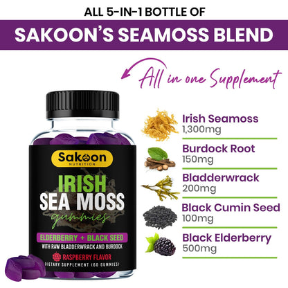 Irish Sea Moss Gummies with Elderberry & Black Seed Oil – Overall Wellness | Raspberry | 60 Gummies