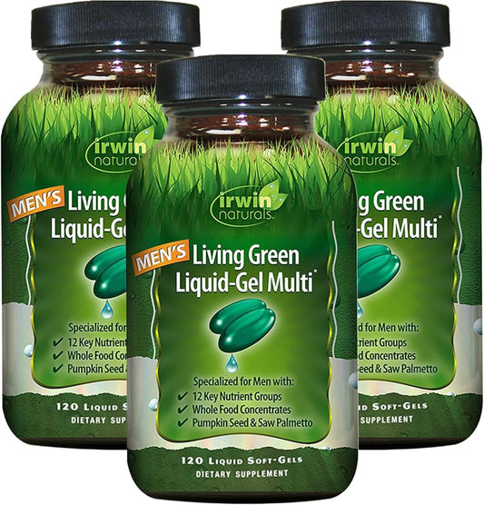 Three bottles of Irwin Naturals Men's Living Green Liquid-Gel Multi dietary supplements on a white background.