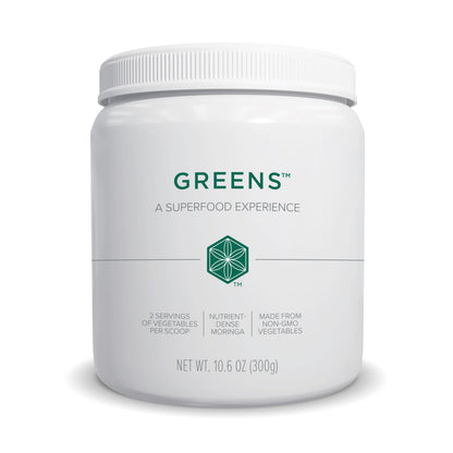 White container labeled 'Greens' on a white background