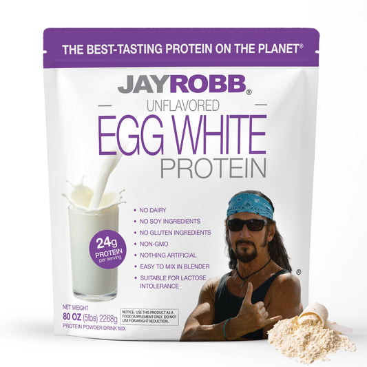 Jay Robb egg white protein package with a person giving a thumbs-up on a white background