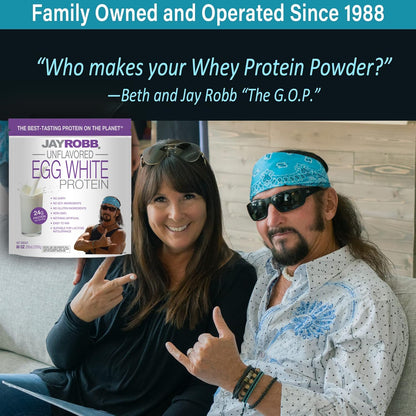 Two people sitting on a couch with a Jay Robb protein powder box in the foreground.