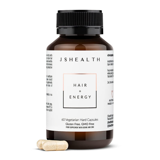 Supplement bottle labeled 'JSHealth Hair + Energy' on a white background