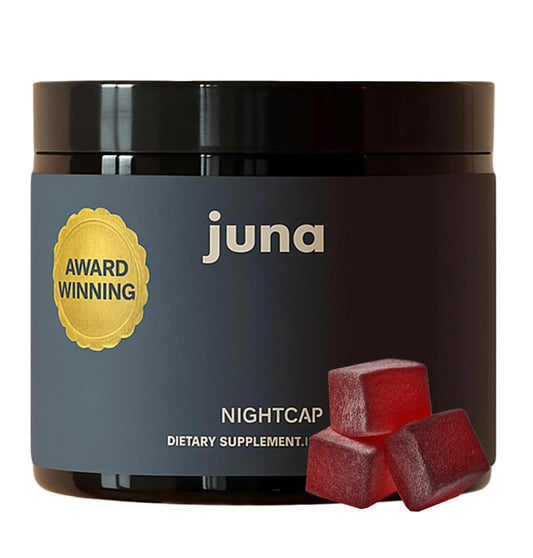 Juna Nightcap dietary supplement jar with red gummies on a white background