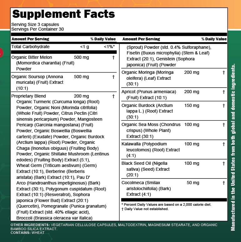 Clean Nutra Suplemento de Guanábana con Moringa, Musgo Marino y Berberina 90 cápsulas