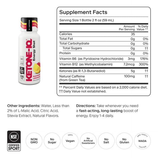 Ketone-IQ Bebidas energéticas de cetona - 24 unidades de frambuesa limonada para llevar, 100 mg de cafeína de té verde